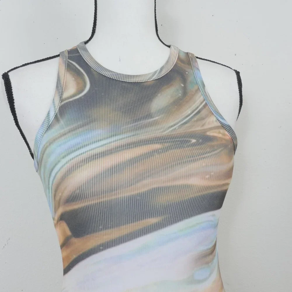 Pretty Little Thing Blue Brown Green Marble Design Size 4 Sleeveless Mini Dress - Picture 3 of 11